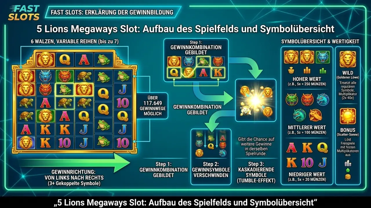 5 Lions Megaways Slot: Aufbau des Spielfelds und Symbolübersicht