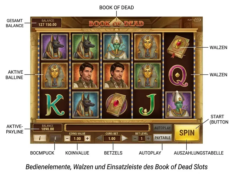 Book of Dead spielen – Spieloberfläche des Slot