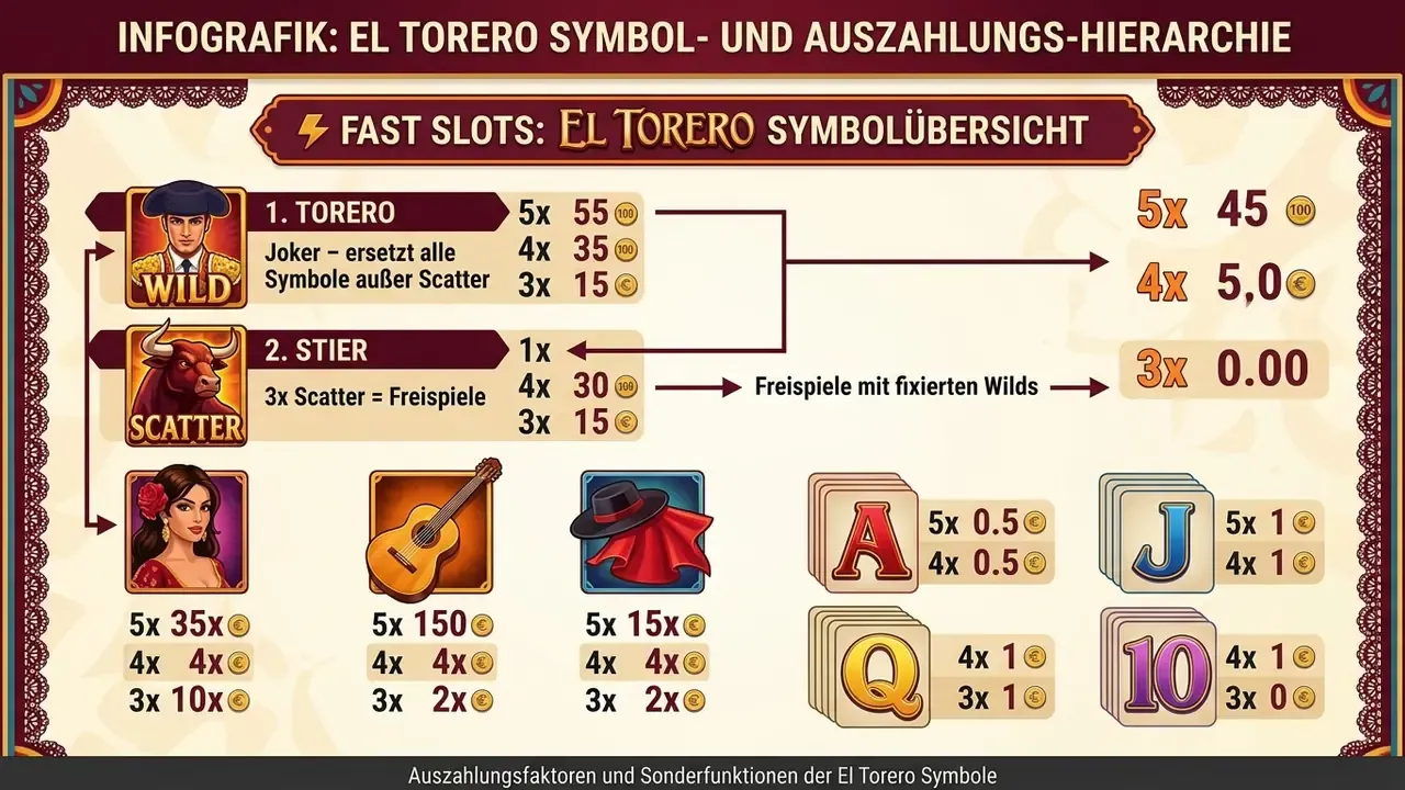 Übersicht der El Torero Symbole mit Wild Torero und Scatter Stier
