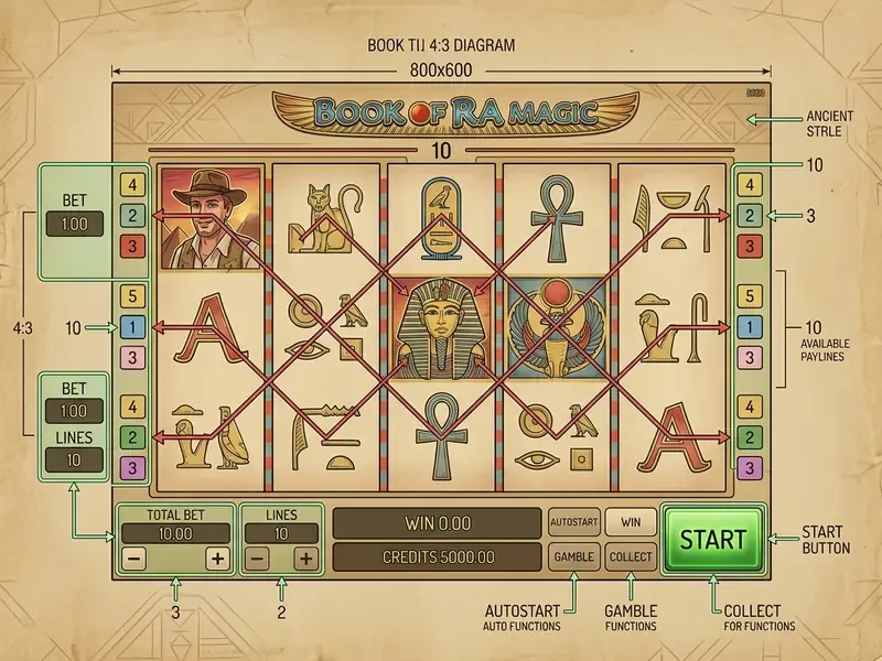 book of ra magic slot Interface mit Walzen und Einsatzsteuerung, Startbutton und Gewinnlinien-Anzeige